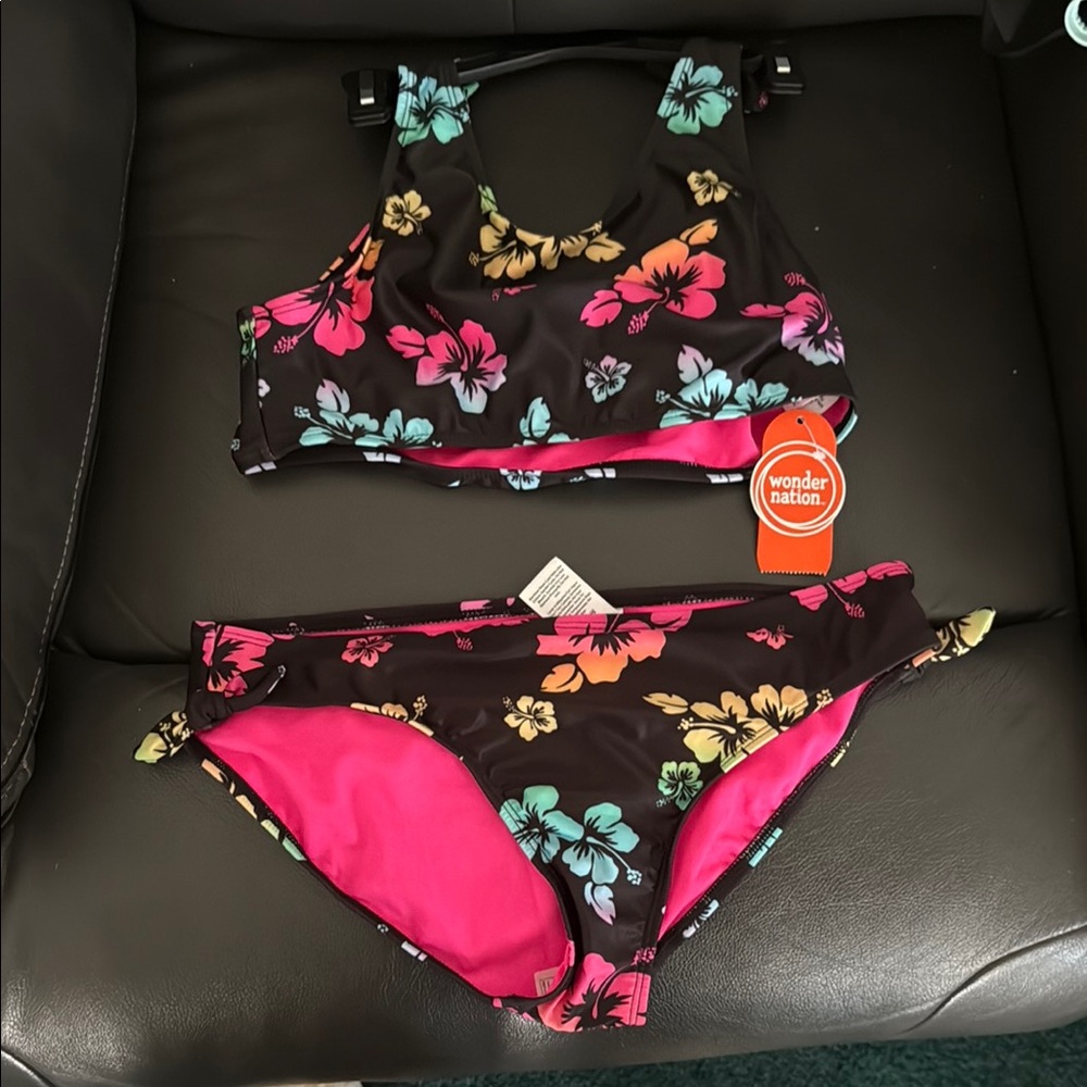 Wonder Nation Floral Kids Swim Bikini - Black, Pink, Yellow, Blue